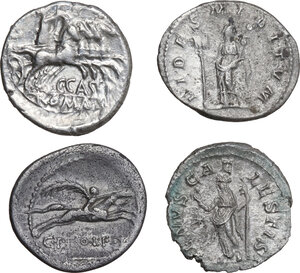 reverse: The Roman Republic and Empire.. Lot of four (4) unclassified AR Denarii, including two (2) Republican and two (2) Imperial issues
