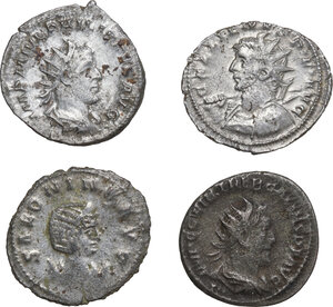 obverse: The Roman Empire.. Lot of four (4) unclassified AR Antoniniani, including: Philip I, Gallienus, Salonina and Trebonianus Gallus