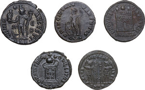 reverse: The Roman Empire.. Lot of five (5) unclassified AE denominations, including: Constantine and  Crispus