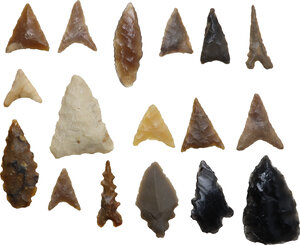 obverse: PREHISTORIC ARROWHEADS  Neolithic period, c. 10000-2000 BC  Lot of seventeen (17) prehistoric arrowheads. Of various shapes and materials, from flint to obsidian.  Dimensions: from 35 to 15 mm