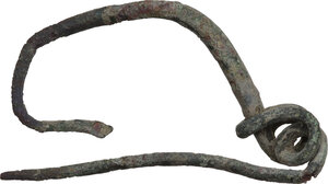 obverse: SIMPLE ARCH FIBULA  Iron Age, c. 8th - 6th century BC.  Bronze simple arch fibula.  Dimensions: 44 x 24 mm