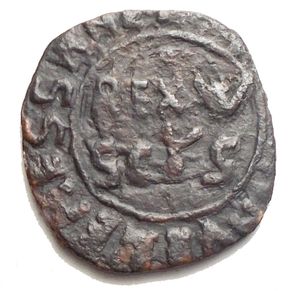 obverse: SICILIA Guglielmo I, 1154-1166. AE-Follaro Messina Dritto: (+ OPERATO I)N VRBE MESSANE / REX W / SCUS, Rev.: (arabo:) 