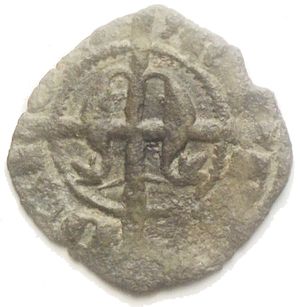 obverse: Messina. Maria e Martino (1396-1402) BI Denaro. Obv: Crown. Rev: Cross, M. BI, 0.49g. Sp. 7. MIR 218. 