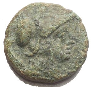 obverse: Apulia, Teate Æ Biunx. Circa 225-200 BC. Head of Athena to right, wearing crested Corinthian helmet / Owl standing slightly to right, head facing; TIATI to left, two pellets (mark of value) below. HN Italy 702c; HGC 1, 659. g 5.78, mm 17,47. Very Fine. Good Green patina