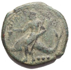 reverse: Apulia. Teate. Teruncius c. 225-200 BC; AE (g 7,82; mm 22,3); Diademed head of Poseidon r., Rv. TIATI, oecist riding dolphin l., holding kantharos and trident. HNItaly 705. Very fine. Green patina. Rare