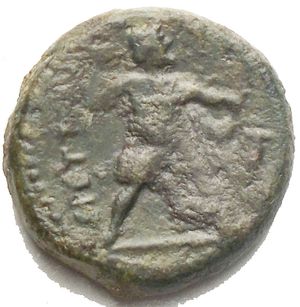 reverse: BRUTTIUM. The Brettii. Ae Unit (Circa 214-211 BC). Obv: Diademed head of Nike left; behind, grain ear. Rev: BPETTIΩN. Zeus standing left with thunderbolt and sceptre; cornucopia in field to right. HN Italy 1982; SNG ANS 60. Condition: Good Very fine. Green patina Weight: 4.64 g. Diameter: 16.58 x 16.66 mm.