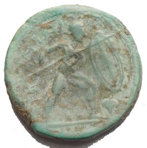 reverse: Bruttium, the Brettii Æ Unit (Drachm). Circa 211-208 BC. Laureate head of Zeus to right; thunderbolt behind / Warrior advancing to right, nude but for helmet, holding shield and spear, leaf to lower right. 7.45 g, 22mm. Good VF. Gorgeous green patina