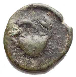obverse: Bruttium, Terina. Ca. 350-275 B.C. Æ (18,28 mm. 4,73 g). Head of nymph left /...... crab with inverted crescent between claws. Holloway & Jenkins 121; SNG ANS 889; HN Italy 2646. Green  patina. Very fine.  In the mid-fourth century B.C., Terina suffered frequent attacks by the Italic Bruttians. For this reason Terina supported both Alexander the Molossian and Pyrrhos when they campaigned in Italy in 333 and 280-275 B.C. This coinage was struck in the period between the rise of the Bruttians and the end of the Pyrrhic War and directly relates to expenses of this troubled period for the city.