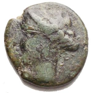 reverse: Bruttium, Terina. Ca. 350-275 B.C. Æ (18,28 mm. 4,73 g). Head of nymph left /...... crab with inverted crescent between claws. Holloway & Jenkins 121; SNG ANS 889; HN Italy 2646. Green  patina. Very fine.  In the mid-fourth century B.C., Terina suffered frequent attacks by the Italic Bruttians. For this reason Terina supported both Alexander the Molossian and Pyrrhos when they campaigned in Italy in 333 and 280-275 B.C. This coinage was struck in the period between the rise of the Bruttians and the end of the Pyrrhic War and directly relates to expenses of this troubled period for the city.
