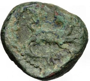 obverse: Central and Southern Campania, Capua (?). AE coins, 3rd century BC. D/ Wreathed head of Dionysos right. R/ Lion or panther right. SNG Cop. 342. R. 19,7 mm, 10,03 g. Dark emerald green patina. VF. An interesting coin, rare and heavy