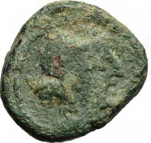 reverse: Central and Southern Campania, Capua (?). AE coins, 3rd century BC. D/ Wreathed head of Dionysos right. R/ Lion or panther right. SNG Cop. 342. R. 19,7 mm, 10,03 g. Dark emerald green patina. VF. An interesting coin, rare and heavy