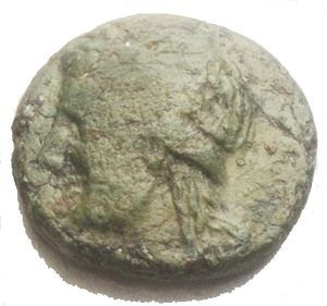 obverse: Metaponto Æ 15,3 x 14,02 mm. 3,3 g. Laureate head of Apollo left / Grain-ear; tripod. Green patina. aVF/F+