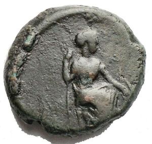 reverse: Sicily, Mercenaries (ATL), Bronze, 357-336 BC; AE (g 3,7; mm 14,2 x 15,6); ΑΘΛ, head of Athena r., wearing crested Attic helmet, Rv. Female figure seated r., holding trident and bow. CNS III, 3. Very rare and good example