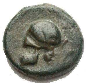 obverse: SICILY, Entella. Campanian mercenaries. Circa 342-338 BC. Æ Hexas(?) (17,96mm. 5,68 g). Campanian helmet to left / Horse galloping right. Campana 12 var. (helmet to right); CNS 14 var. (same); HGC 2, 253 var. (same). Good VF/ VF. Green patina. Rare variety. 
