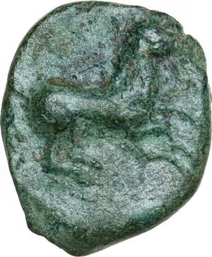 reverse: Sicily. Entella. AE 19 mm, 410-368 BC. Obv. Campania helmet right. Rev. Horse galloping right. CNS I 14; HGC 2 253. AE. 4.69 g. 19.00 mm. R. Lovely green patina. About VF.