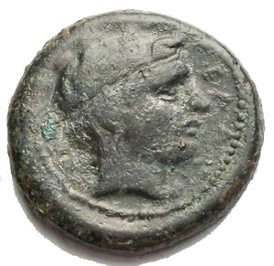 obverse: Gela, Sicily. AE Trias (17.77 mm, 3.7 g), c. 420-405 BC. Obv. Head of river-god Gelas right; ΓEΛAΣ before. Rev. Bull butting left; below, value mark of three dots. SNG ANS 109. Very fine.