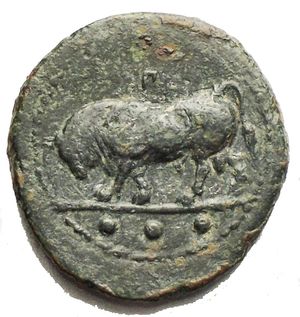 reverse: Gela, Sicily. AE Trias (17.77 mm, 3.7 g), c. 420-405 BC. Obv. Head of river-god Gelas right; ΓEΛAΣ before. Rev. Bull butting left; below, value mark of three dots. SNG ANS 109. Very fine.