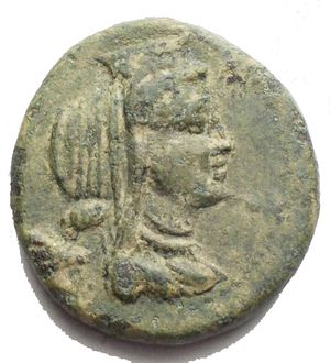 obverse: Sicily. Hybla Megala. AE 21 mm, 2nd century BC. Obv. Veiled bust of Artemis-Hyblaia right, wearing polos. Rev. ΙΒΛΑΣ ΜΕΓΑΛΑΣ. Dionysos standing left, holding kantharos and thyrsos, panther leaping at feet. HGC 2 497; CNS III 1. AE. 8.20 g. 21.00 mm. Choice example. Lovely earthy light green patina. EF.