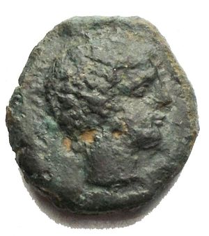 obverse: Segesta. Uncia circa 430-409, Æ 3.18 g. Head of youth r. Rev. ΣEΓΕ – ΣΤΑ Hound standing over hare, looking back; pellet before. SNG ANS –. Calciati –, cf. 13 (Eryx). Rare. aVF. Green patina