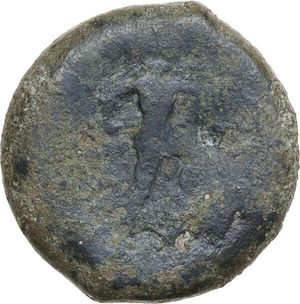 reverse: Sicily. Sileraioi. AE 30.5 mm, c. 340-330 BC. Obv. Forepart of man-headed bull left, ΣΙΛΕΡΑΙΩΝ (retrograde) around. Rev. Warrior advancing to right, holding shield and spear; [ΛIΣ to left]. HGC 2 1242; CNS III 1; Campana 1. AE. 30.88 g. 30.50 mm. RR. Rare issue. Overstruck on Syracusan Litra (Athena/sea star between dolphins). Earthy green patina. Good F.