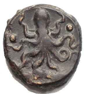 reverse: SICILY, Syracuse. Second Democracy. 466-405 BC. Æ Trias (15.9 mm, 3.76 g). Struck circa 415-410 BC. Head of Arethusa right; dolphins flanking neck / Octopus; three pellets (mark of value) around. Holloway, Further, Series 1, fig. 1; HGC 2, 1428. Good VF