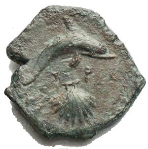 reverse: Sicily, Syracuse. AE Hemilitron (17.3 mm, 3.43 g), c. 400 BC. Obv. Head of Arethusa left, wearing single-pendant earring and necklace, hair bound in ampyx and sphendone; laurel branch behind. Rev. ΣYPA, dolphin swimming right, cockle shell below. SNG ANS 415; SNG Cop. 697; Laffaille 215; Virzi 1466. Green patina.  Very fine.