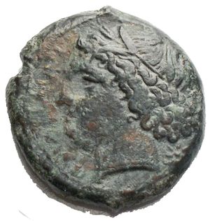 obverse: Syracuse, Sicily. Under Agatohkles (317-289 BC). AE double unit (20.7 x 21.1 mm, 9.65 g), c. 317-295 BC. Obv. Head of Kore-Persephone left, crowned with ears of corn; to left, ΣΥΡΑKOΣIΩN. Rev. Bull butting left, dolphin and AI above, a second dolphin below. SNG ANS 562. Calciati II, 215, 96. Green patina. Very fine.
