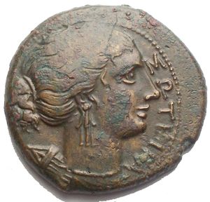 obverse: Sicily, Syracuse. Agathokles (317-289 BC). AE Trias (23.6 x 22.2 mm, 9.33 g) 304-289 BC. Obv. ΣΩTEIPA, Draped bust of Artemis Soteira to right, quiver over shoulder. Rev. AΓAΘOKΛEOΣ BAΣILEOΣ, winged thunderbolt. SNG Cop. 779; CNS 138. Good Very fine.