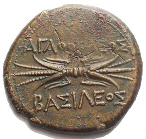 reverse: Sicily, Syracuse. Agathokles (317-289 BC). AE Trias (23.6 x 22.2 mm, 9.33 g) 304-289 BC. Obv. ΣΩTEIPA, Draped bust of Artemis Soteira to right, quiver over shoulder. Rev. AΓAΘOKΛEOΣ BAΣILEOΣ, winged thunderbolt. SNG Cop. 779; CNS 138. Good Very fine.