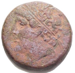obverse: SICILY. SYRACUSE. Hieron II, 274 - 216 BC AE (18.54 grams. 27.02 mm). Obverse: Head of Hieron with laurel wreath on l. Reverse: armored knight on the right. SNC IIEm.193; HGC 1547. Red green patina. Good VF