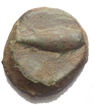 reverse: Sicily, Solus, c. 300-241 BC. Æ g 2.99 Head of Herakles r., wearing lion s skin headdress. R/ Fish r. Jenkins, Punic, pl. 23, 23; CNS I p. 311, 11. Green patina. VF