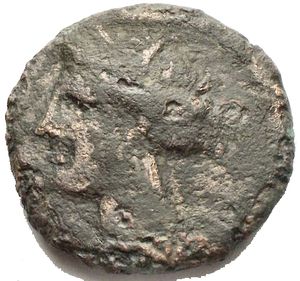 obverse: Mondo Greco.Siculo Punica. III secolo a.C. AE. D/ Testa di Tanit verso sinistra. R/ Protome equina. Peso 5,97 gr. Diametro 19,18 mm. 