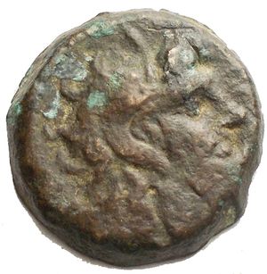 obverse: Ptolemaic Kingdom of Egypt, (Kleopatra III and Ptolemy IX Soter II Lathyros ?) Æ Hemiobol(?). Kyrene, 116-107 BC. Horned head of Zeus-Ammon to right, /  double cornucopiae bound with fillet; Ε to right. 4.0 g, 17.6 mm. Very Fine.