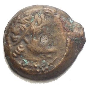 reverse: Greek Ptolemaic Kings of Egypt (246-222 BC). Æ Dichalkon (17.7 x 16.5 mm, 3.54 g). Kyrene. Diademed head of Ptolemy r., aegis around neck. Countermark ? R / Draped bust of Libya r., wearing tainia. VF