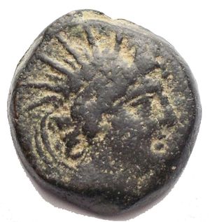 obverse: SYRIA, SELEUKID KINGS. Antiochos VIII Epiphanes ?. 121/0-96 B.C. Æ (17.2 x 18.3mm, 5.25 g). Antioch on the Orontes mint. First reign at Antioch, 121/0-Spring/Summer 113 B.C. Radiate, diademed head of Antiochos VIII right  / Eagle standing half left, scepter under far wing; ΒΑΣΙΛΕΩΣ ΑΝΤΙΟΧΟΥ ΕΠΙΦΑΝΟΥΣ vertically on sides. aVF