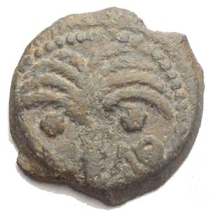 reverse: PROCURATORIAL COINAGE MINTED IN JUDAEA. Æ Prutah, year 39 of the Actian Era (= AD 8/9), JERUSALEM, Praefectus Marcus Ambibulus (in the name of Caesar (Augustus), 15.5 mm, 1.93 g. KAICA-POC, ear of barley//Palm tree, in field dating L - ΛΘ (= year 39 of Augustus  reign). Hendin 1329; Meshorer 317; RPC 4955; SNG ANS 326. Good very fine
