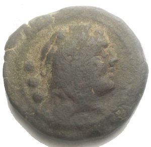 obverse: Roman Republic ROMA series Æ Quadrans. Mint in South East Italy, 211-210 BC. Head of Hercules wearing lion skin headdress right, three pellets behind / Prow right, ROMA above, monogram to right, three pellets in exergue. Crawford 84/6; BMCRR Italy 195; RBW 345. 11.02g, 23.7 x 22.8mm