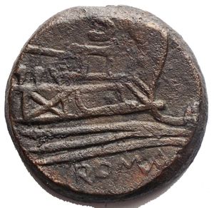 reverse: The Roman Republic Staff and club seriee. Semis, Central Italy circa 208, Æ 17,12 g. 27,4 mm Laureate head of Saturn r. behind, S. Rev. Prow r.; in upper field l. on side of corvo , staff; above, S and in exergue, ROMA. Sydenham 210a var. Crawford 106/5 var. A scarce variety with the symbol in a different position. Dark patina. Good very fine 