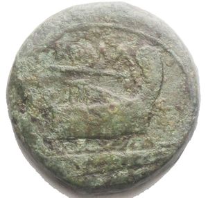 obverse: Staff and club series Quadrans, Central Italy circa 208, Æ 15.13 g. Head of Hercules r., wearing lion’s skin; behind, three pellets. Rev. ROMA Prow r.; above, staff and below, three pellets. Sydenham –. Crawford 106/7a. Green patina 