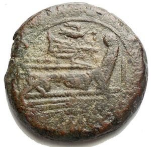 obverse: Anonymous. 206-195 BC. Æ As (33.06 g, 34.6 mm). Reduced Sextantal standard. Rome mint.  Laureate head of bearded Janus; I (mark of value) above / Prow of galley right; I (mark of value) to right; above, dove flying right above rudder.  Crawford 117B/1 (citing 9 specimens in Paris); Sydenham 292.  aVF, dark green patina 