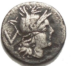 obverse: Roman Republican. Anonymous coins. Quinarius. 211 - 208 AD. Mint in Sicily. Obverse: Head of Roma with winged helmet to the right, behind it a value mark. Rverse: ROMA. The Dioscuri on horseback with inlaid lances galloping to the right. 14.35 mm. 1.98 g. Cr. 68/2b; Syd. 192; King 10. Rare. aVF