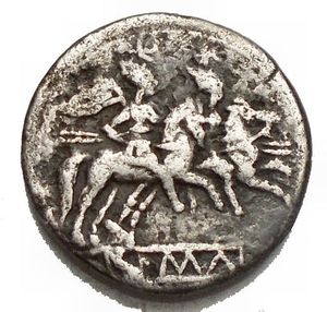 reverse: Roman Republican. Anonymous coins. Quinarius. 211 - 208 AD. Mint in Sicily. Obverse: Head of Roma with winged helmet to the right, behind it a value mark. Rverse: ROMA. The Dioscuri on horseback with inlaid lances galloping to the right. 14.35 mm. 1.98 g. Cr. 68/2b; Syd. 192; King 10. Rare. aVF