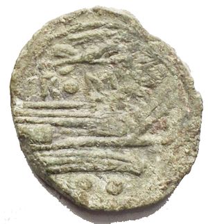 reverse: Victory series Ӕ Sextans. Central Italian mint, 211-208 BC. Head of Mercury right, two pellets above / Prow right; Victory flying right and ROMA above, two pellets below. Crawford 61/6. g 4.87, mm 18,9 x 17,2 Very Fine. Green patina