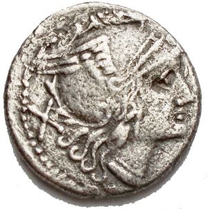 obverse: Anonymous (wreath series), Denarius,Uncertain mint, 211-208 BC, AR, (g 3.78, mm 18.3 x18.8). Helmeted head of Roma r.; behind, X, Rv. The Dioscuri galloping r.; above, wreath; in ex. ROMA in linear frame. Crawford 110/1a; Sydenham 278. R. aVF