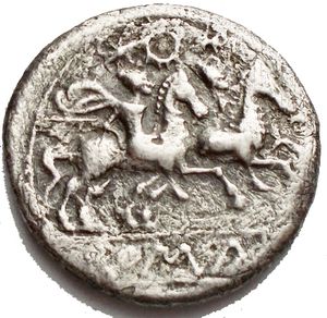 reverse: Anonymous (wreath series), Denarius,Uncertain mint, 211-208 BC, AR, (g 3.78, mm 18.3 x18.8). Helmeted head of Roma r.; behind, X, Rv. The Dioscuri galloping r.; above, wreath; in ex. ROMA in linear frame. Crawford 110/1a; Sydenham 278. R. aVF