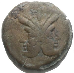 obverse: Roman Republic Crescent Series Æ As. Rome, 207 BC. Laureate head of Janus; I (mark of value) above / Prow of galley to right; crescent and I (mark of value) above, ROMA below. Crawford 57/3; BMCRR Rome 336; RBW 219. 30.55 g, 33.2 mm. Very Fine.