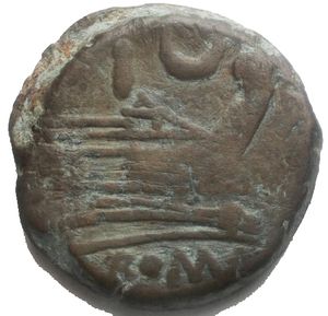 reverse: Roman Republic Crescent Series Æ As. Rome, 207 BC. Laureate head of Janus; I (mark of value) above / Prow of galley to right; crescent and I (mark of value) above, ROMA below. Crawford 57/3; BMCRR Rome 336; RBW 219. 30.55 g, 33.2 mm. Very Fine.