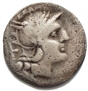 obverse: Bull series, Rome, 206-195 BC. AR Denarius (17.8mm, 2.54g). Helmeted head of Roma r. R/ The Dioscuri riding r.; bull butting l. below. Crawford 116/1a; RBW 259; RSC 20e. Rare, Fine
