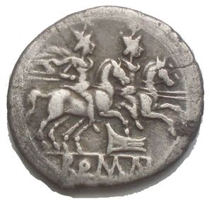 obverse: Roman Republic. Rostrum tridens (second) series Denarius circa 206-195, AR 3,29 g. 19,9 mm. Helmeted head of Roma r.; behind, X. Rev. The Dioscuri galloping r.; below, rostrum tridens and ROMA in partial tablet. Sydenham 244. Crawford 114/1. Good VF