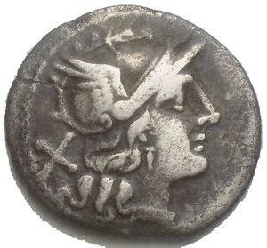 reverse: Roman Republic. Rostrum tridens (second) series Denarius circa 206-195, AR 3,29 g. 19,9 mm. Helmeted head of Roma r.; behind, X. Rev. The Dioscuri galloping r.; below, rostrum tridens and ROMA in partial tablet. Sydenham 244. Crawford 114/1. Good VF